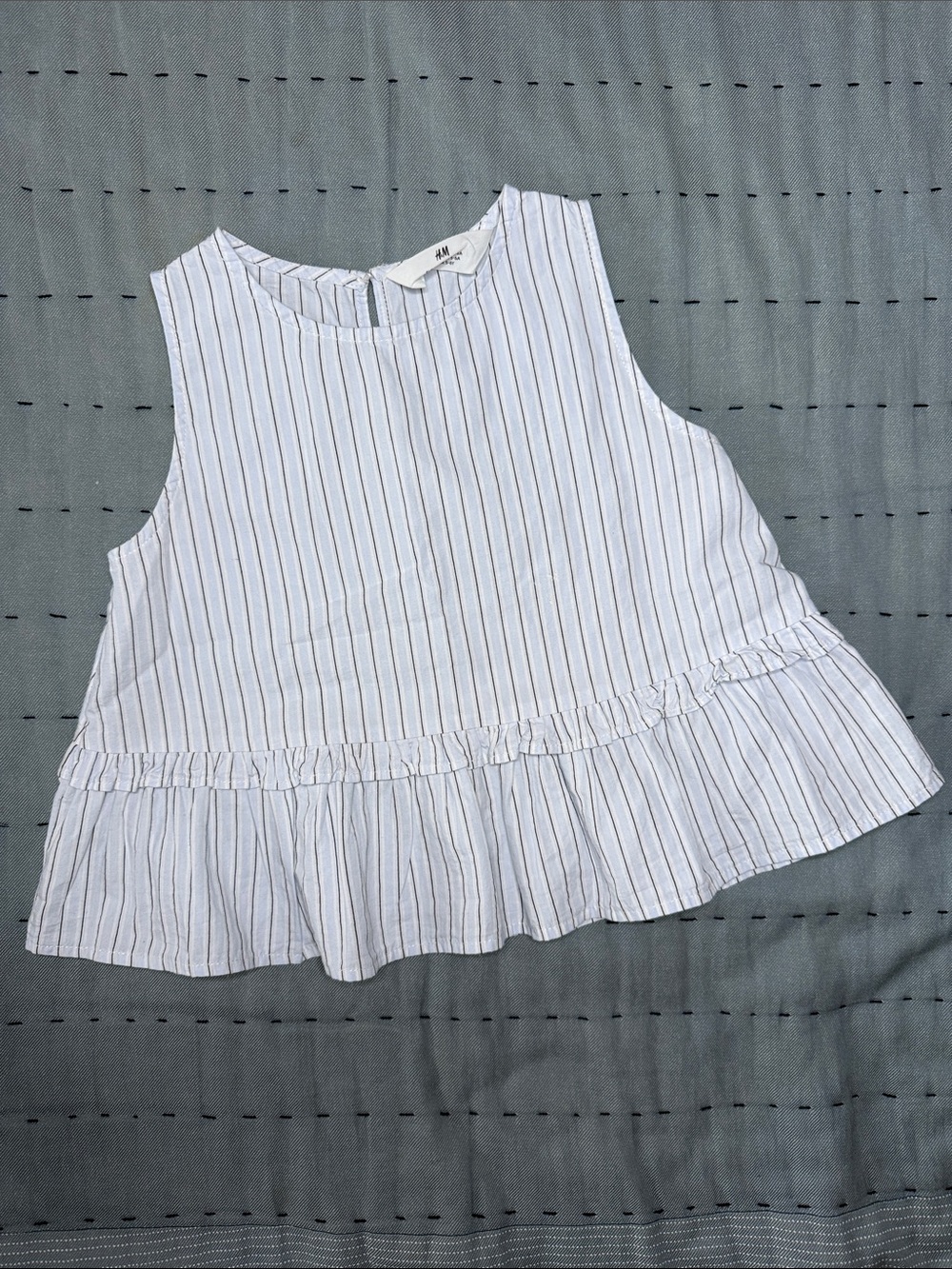 H&M Kids White Sleeveless Top with Navy Pinstripes and Ruffle Hem